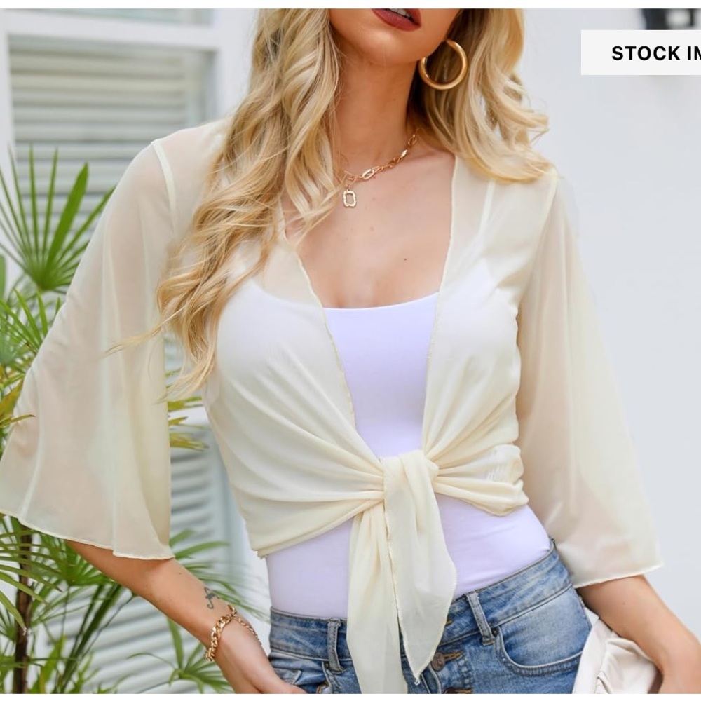 Totatuit Sheer Shrug Tie Front Bell Sleeve Summer Crop Bolero Cardigan Apricot
